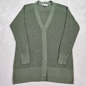 LOFT Button Longline Cardigan Olive Green Ribbed Knit Linen Size L Minimalist